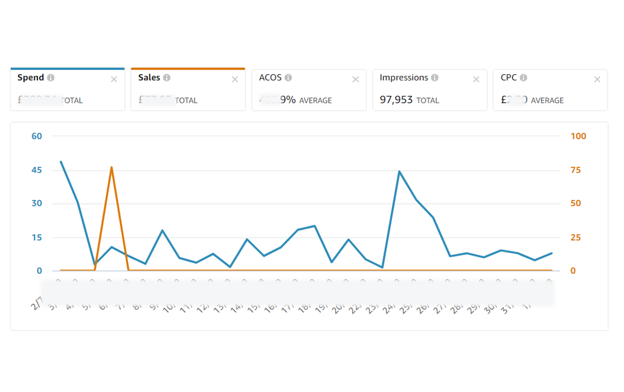 Image showing the lack of sales data on the audited account, this shows that they are losing a lot of money in Amazon Ads