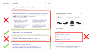 Image showing Brand Bidding for the term 'Nike Trainers' on Google with the official Nike store showing second in the PPC listings and only having 2 possible areas to be clicked out of 11 links - are your competitors dominating the SERPs ahead of your brand?