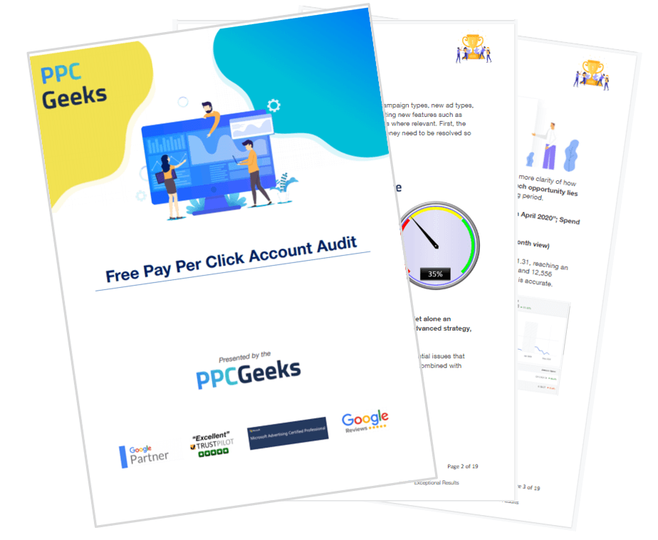 Image showing the first three pages of the 100% Free PPC Audit produced by the PPC Geeks