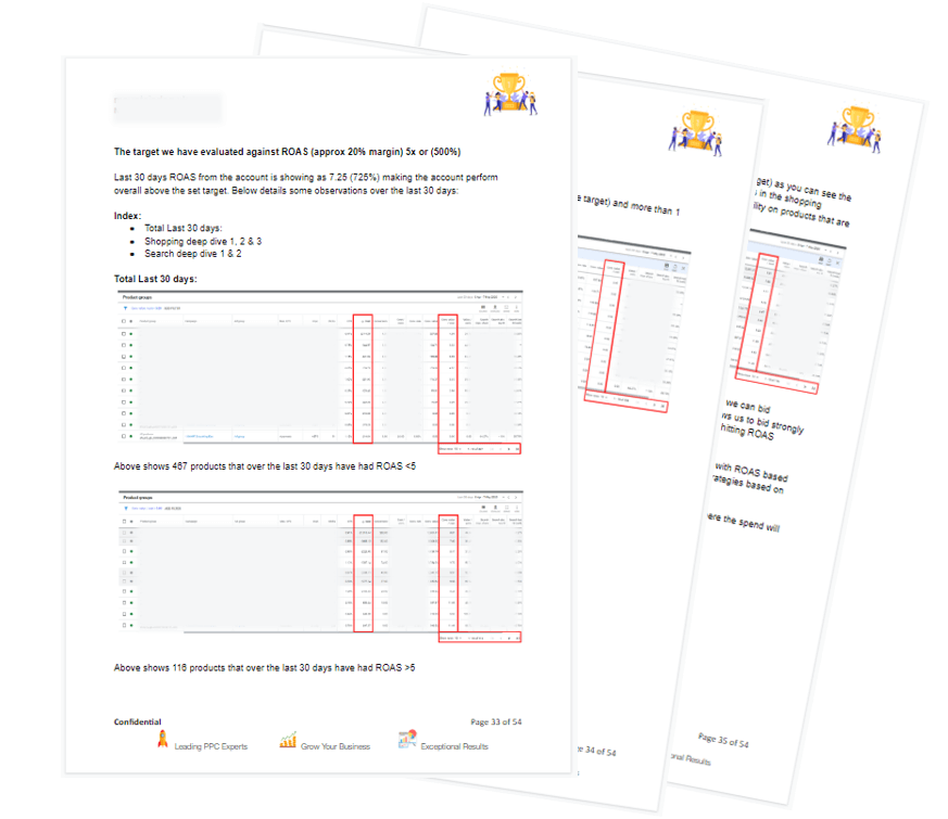 Image showing pages 7 through to 9 of the Free Pay Per Click Audit provided by PPC Geeks