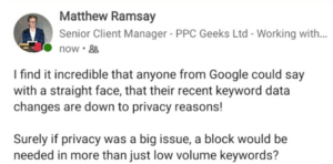 Image showing a LinkedIn post from Matt R thinks of What Google’s Removal of Keyword Data Means for Businesses