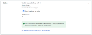 Image showing Google Ads Bidding - Target CPA in the interface