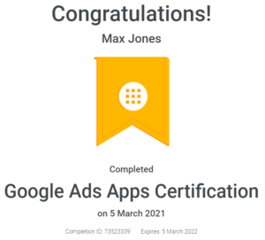 Max Jones - Google Ads App Certification - April - 2021