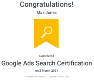 Max Jones - Google Ads Search Certification - April - 2021