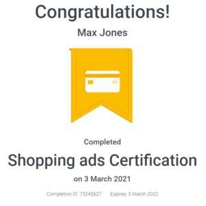 Max Jones - Google Ads Shopping Certification - April - 2021