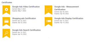 Image showing all of the Google Ads exams Kate has passed