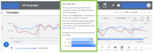 Image showing the conversion data lag as seen in Google Ads - this image shows how the conversion data lag looks for an account with a data lag of 12 days