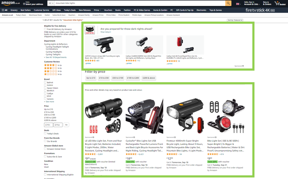 Image showing Amazon Ads product screen with many paid for listings