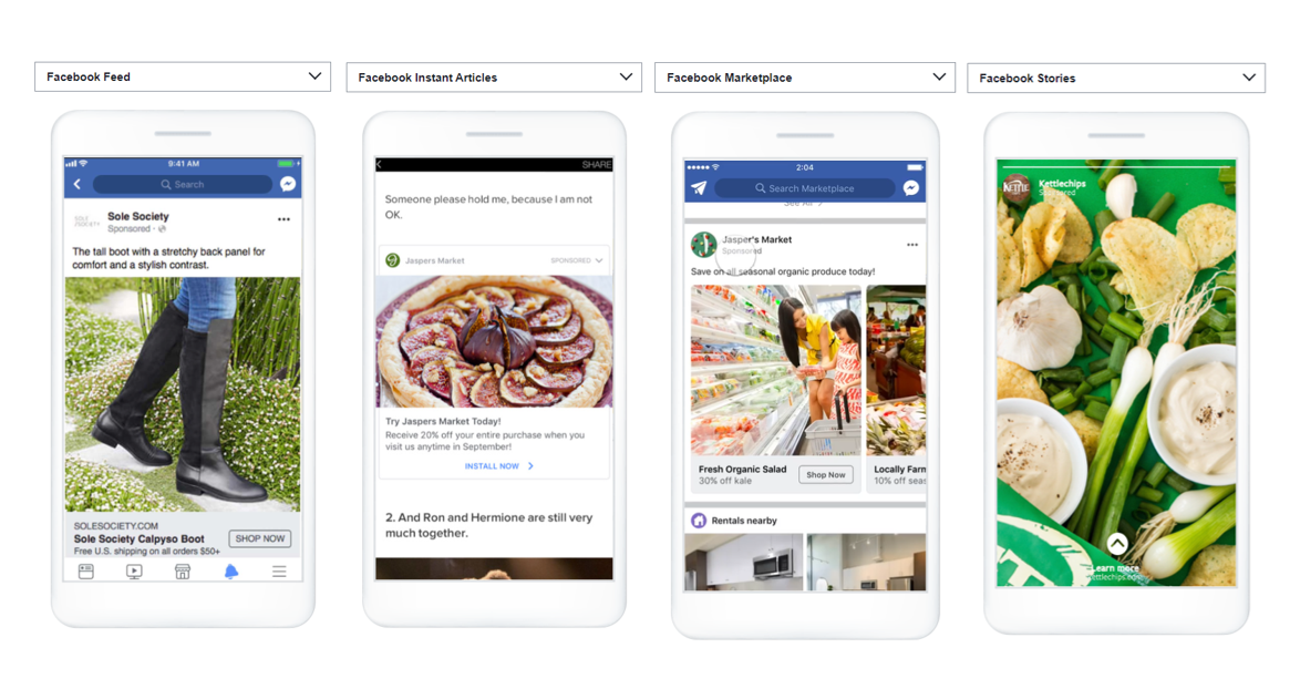 Image showing four Facebook Ads options to display your brand on the Facebook platform