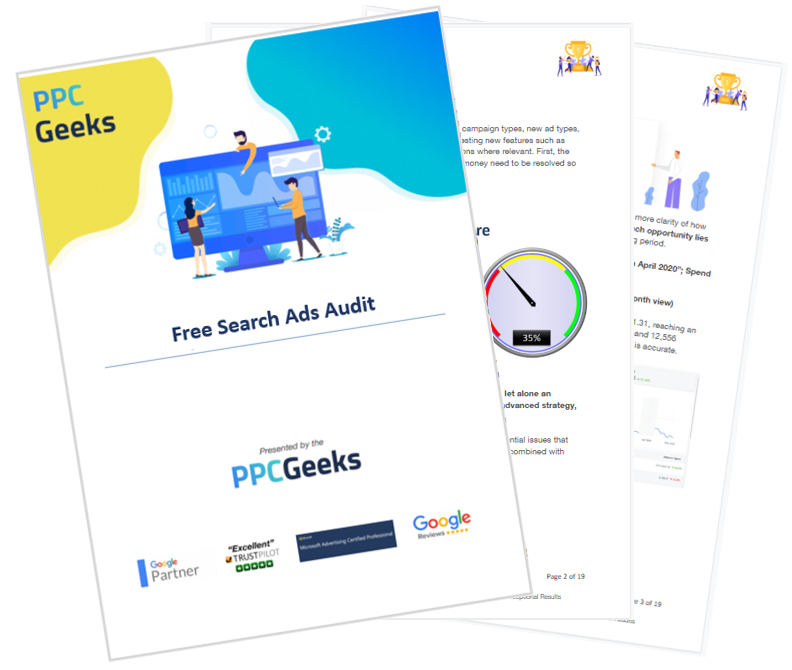 Image showing the first three pages of the Search Ads Audit, these are free for advertisers who are running search ads and looking for Interruption Based Marketing in which PPC Geeks is now associated with.