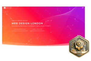 Best web designers 2024 award badge on a vibrant web design agency landing page with the headline 'WEB DESIGN LONDON', highlighting creative brand design and calls to action to view portfolio or start a project