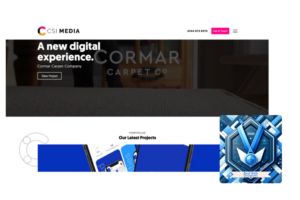 Best web designers 2024 blue award badge featured on CSI Media's homepage, highlighting a new digital experience for Cormar Carpet Company as part of their latest projects.