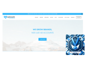 UpGrowth Commerce's serene mountaintop homepage banner with a blue award badge for Best Facebook Ads Agencies 2024, emphasizing their commitment to growing brands holistically.