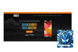 Firebelly Marketing's homepage with a dramatic stormy background and a smartphone screen, featuring a blue award badge for Best Facebook Ads Agencies 2024.