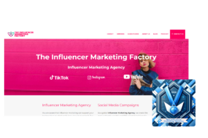 The Influencer Marketing Factory website header with vibrant pink branding and a blue 'Best Influencer Marketing Agencies' award for 2024.