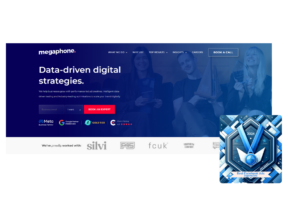 Megaphone's homepage with a confident declaration of data-driven digital strategies, featuring a blue award badge for Best Facebook Ads Agencies 2024