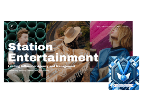 Station Entertainment's homepage with dynamic images of influencers, titled as a leading agency, and featuring a 'Best Influencer Marketing Agencies' blue award for 2024