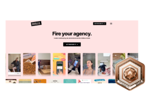 Skille agency's web banner with a bold statement 'Fire your agency', presenting a bronze award badge for Best Facebook Ads Agencies 2024, amidst a collage of engaging social media ad examples.