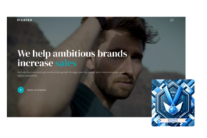 Best web designers 2024 distinctive blue award emblem displayed on Pixated's homepage, which offers to help ambitious brands increase sales through digital experiences and paid media campaigns.