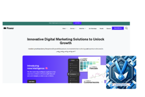 Power Digital's website interface displaying 'Innovative Digital Marketing Solutions to Unlock Growth' with nova Intelligence analytics, including a 'Best Influencer Marketing Agencies' blue award for 2024.
