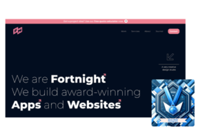 Best web designers 2024 blue award badge displayed on Fortnight's homepage, declaring their expertise in building award-winning apps and websites, with a call to action for a free quote calculator.