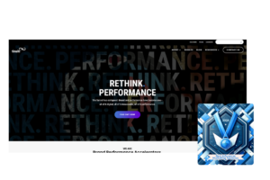 Tinuiti's bold homepage with 'RETHINK. PERFORMANCE.' slogan and a blue award badge for 'Best Influencer Marketing Agencies 2024'.