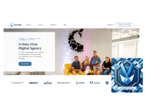 Go Fish Digital's office interior with team members and 'A Data-First Digital Agency' text, alongside a 'Best Influencer Marketing Agencies' blue award for 2024.