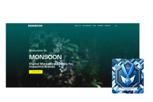 Monsoon's homepage with a serene underwater backdrop, featuring a blue award badge for Best Facebook Ads Agencies 2024, symbolizing their deep dive into impactful digital marketing strategies.