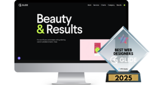 A digital award for Glide, presented by PPC Geeks in 2025, showcasing a sleek website design with the phrase Beauty & Results and a 20-year history of creating custom websites.