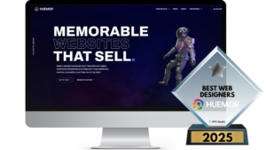 A digital design award for Huemor, presented by PPC Geeks in 2025, featuring a computer screen displaying Huemor's website with a futuristic astronaut character and the tagline "Memorable Websites That Sell."