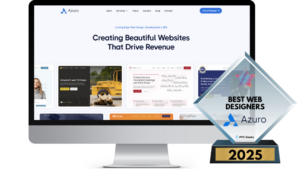 A digital award for Azuro, presented by PPC Geeks in 2025, featuring a website design showcasing multiple project thumbnails with the tagline Creating Beautiful Websites That Drive Revenue.