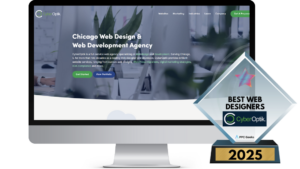 A digital award for CyberOptik, presented by PPC Geeks in 2025, showcasing a modern website with a focus on Chicago-based web design and development services.