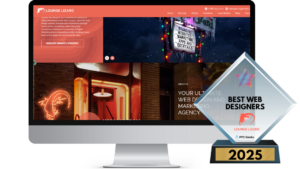 A digital award for Lounge Lizard, presented by PPC Geeks in 2025, featuring a vibrant website with neon elements and a focus on web design, marketing, and branding services.