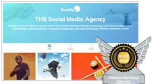 Image showing the homepage of Sociallyin who have been awarded the silver medal from PPC Geeks as the 2nd Best Influencer Marketing Agency of 2022