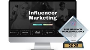 Station Entertainment awarded Best Influencer Marketing Agency 2025 alongside a computer screen showcasing their website homepage, highlighting their focus on connecting creators and brands through innovative partnerships