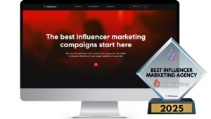 HypeFactory recognised as the Best Influencer Marketing Agency 2025 with an award badge displayed alongside a computer screen showcasing their website homepage focused on AI-driven influencer marketing campaigns 