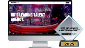 M&C Saatchi Talent awarded Best Influencer Marketing Agency 2025 alongside a computer screen showcasing their website featuring a vibrant talent performance stage