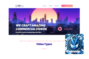 CRFT Video's homepage banner displaying 'Best Video Production Companies' blue award badge against a vibrant cityscape at dusk.