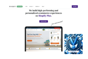 Pivofy's homepage presenting a blue award badge, signifying their excellence as one of the Best eCommerce Platforms in 2023, focusing on Shopify Plus experiences.