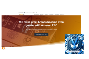Amazonia PPC's blue award badge, distinguishing them as one of the Best Amazon Ads Agencies in 2024, highlighting their specialized Amazon PPC expertise to enhance brand growth.
