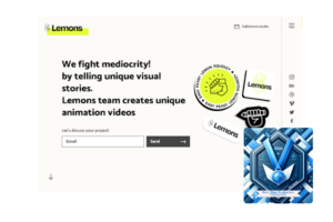 Lemons Animation Studio's website with a 'Best Video Production Companies' blue award badge, highlighting their commitment to unique storytelling.