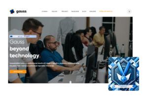 Gauss agency's office environment on their website, highlighted by a blue award badge for Best eCommerce Platforms 2023, signifying their innovative approach.