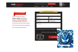 WebRageous homepage touting PPC expertise with a free consultation offer and a blue award badge for Best PPC Ads Agencies in 2024