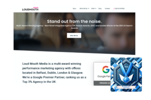 Loud Mouth Media's website banner stating 'Stand out from the noise.' with a blue award badge for Best PPC Ads Agencies in 2024