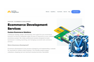 Sunrise Integration's eCommerce development services page with a blue award badge for Best eCommerce Platforms 2023