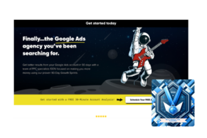GrowMyAds website featuring an astronaut with a guitar and 'Best Google Ads Agencies' award for 2024