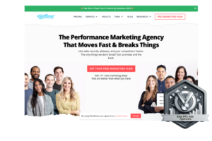 KlientBoost's team page, awarded a silver badge as one of the Best PPC Ads Agencies in 2024, featuring a diverse team and a bold headline about performance marketing.