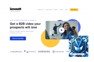Umault's website header showing 'Best Video Production Companies' blue award badge, promising engaging B2B video content.