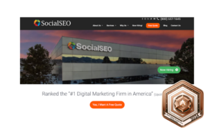 Best Video Production Companies bronze award badge on the SocialSEO website with their office building at dusk.