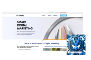 JumpFly's website header with a blue award emblem for Best PPC Ads Agencies in 2024, featuring their smart digital marketing services.